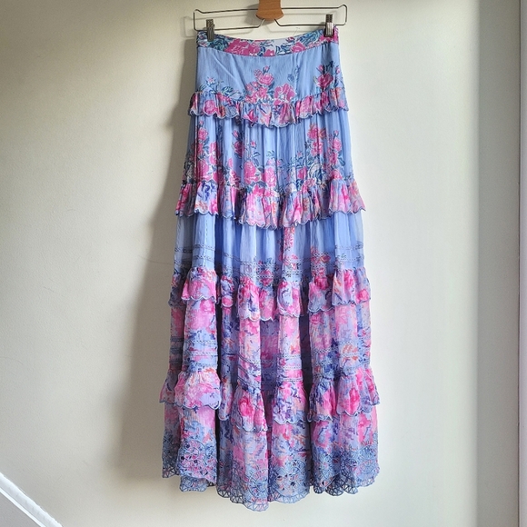 NWOT HEMANT AND NANDITA Mila Floral Blue Pink Tiered Maxi Skirt Small - Picture 3 of 7